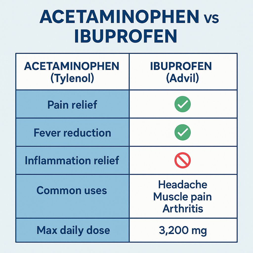 Comparison chart showing differences between acetaminophen (Tylenol) and ibuprofen (Advil), including pain relief, fever reduction, inflammation relief, common uses, and maximum daily dosage.