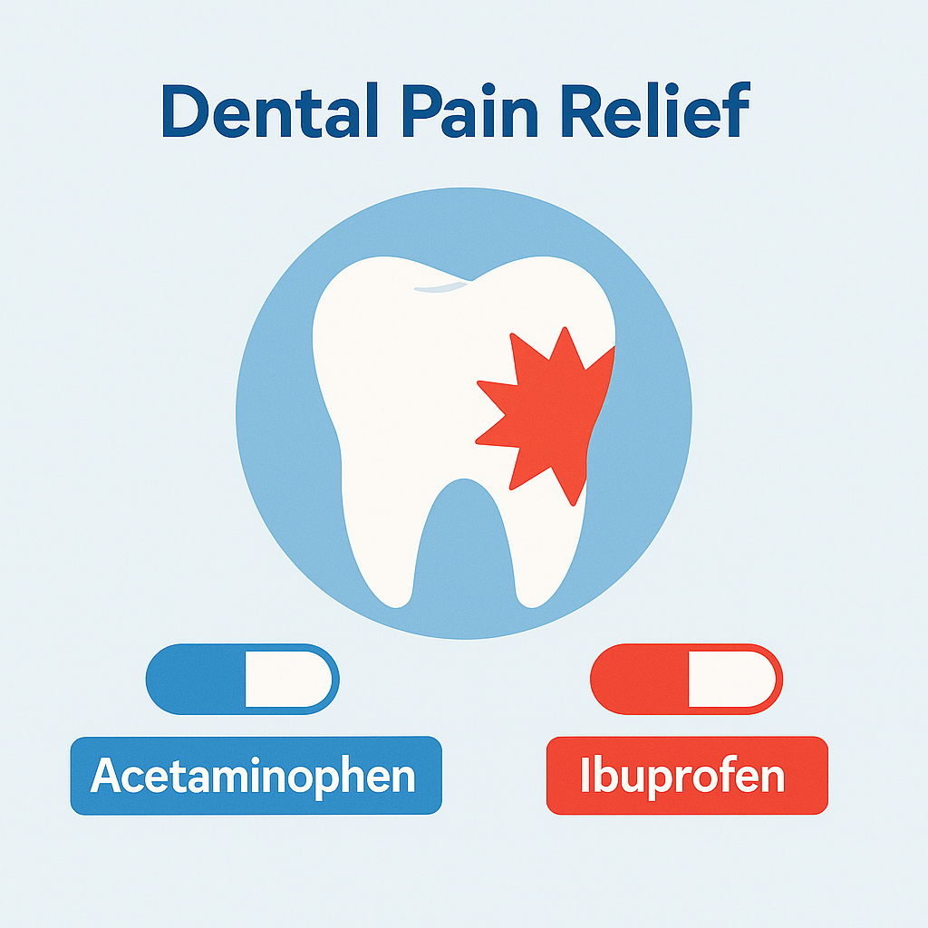 Illustration of a tooth with a red pain symbol, showing acetaminophen and ibuprofen capsules below to represent combined medication for dental pain relief.